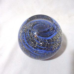 Handmade STORM Whirling Studio Art Glass Paperweight GLOBE Vintage BLUE GOLD